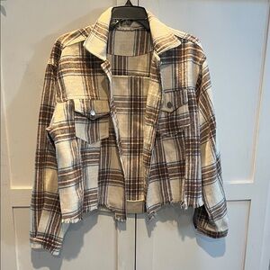 Altar'd State Cream and Brown Plaid Utility Jacket